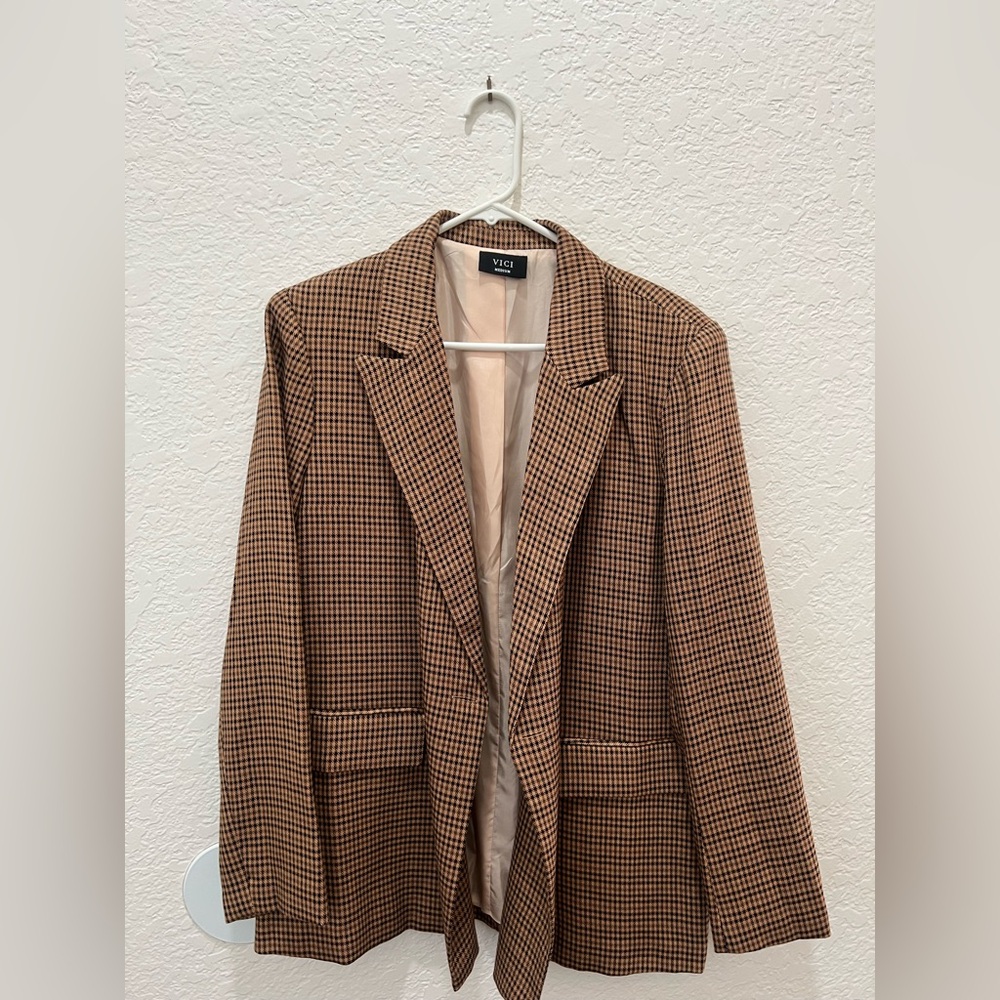Vici Tan and Black Checkered Blazer & Shorts Set